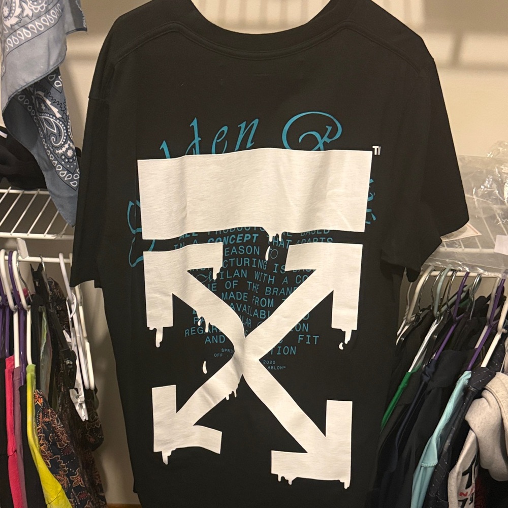 Off-White Black T-Shirt with White Drip Arrow Graphic and Teal Script